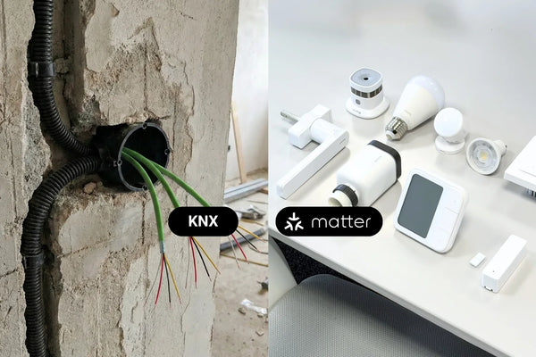 KNX-Verkabelung im Rohbau links, Matter-Smart-Home-Geräte rechts — KNX vs. Matter