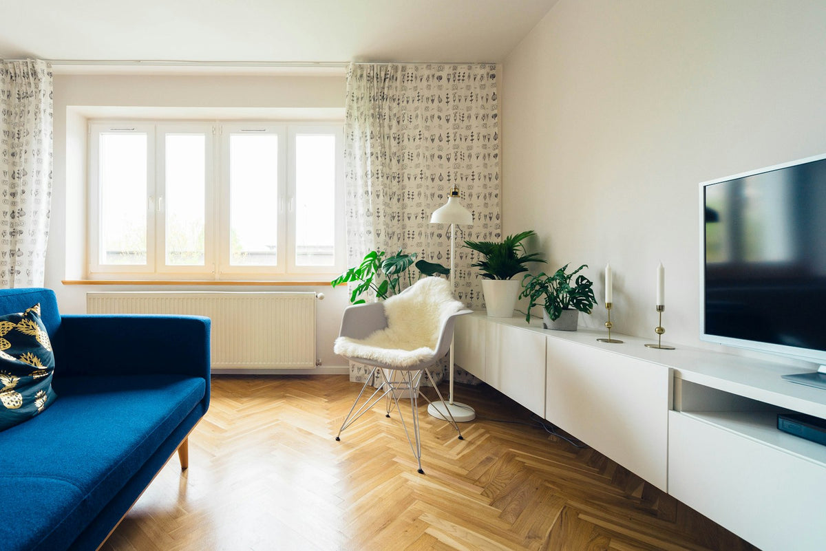 Helles Wohnzimmer mit Heizkörper unter dem Fenster, blauem Sofa und Fernseher — hier stecken die größten Sparpotenziale: Heizung, Standby und Licht