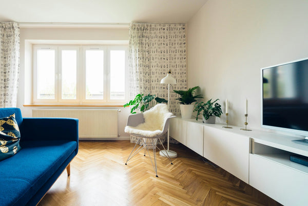 Helles Wohnzimmer mit Heizkörper unter dem Fenster, blauem Sofa und Fernseher — hier stecken die größten Sparpotenziale: Heizung, Standby und Licht