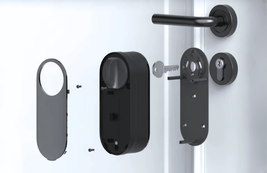 Aqara Smart Lock U200 in Schwarz – Explosionsdarstellung der Montage