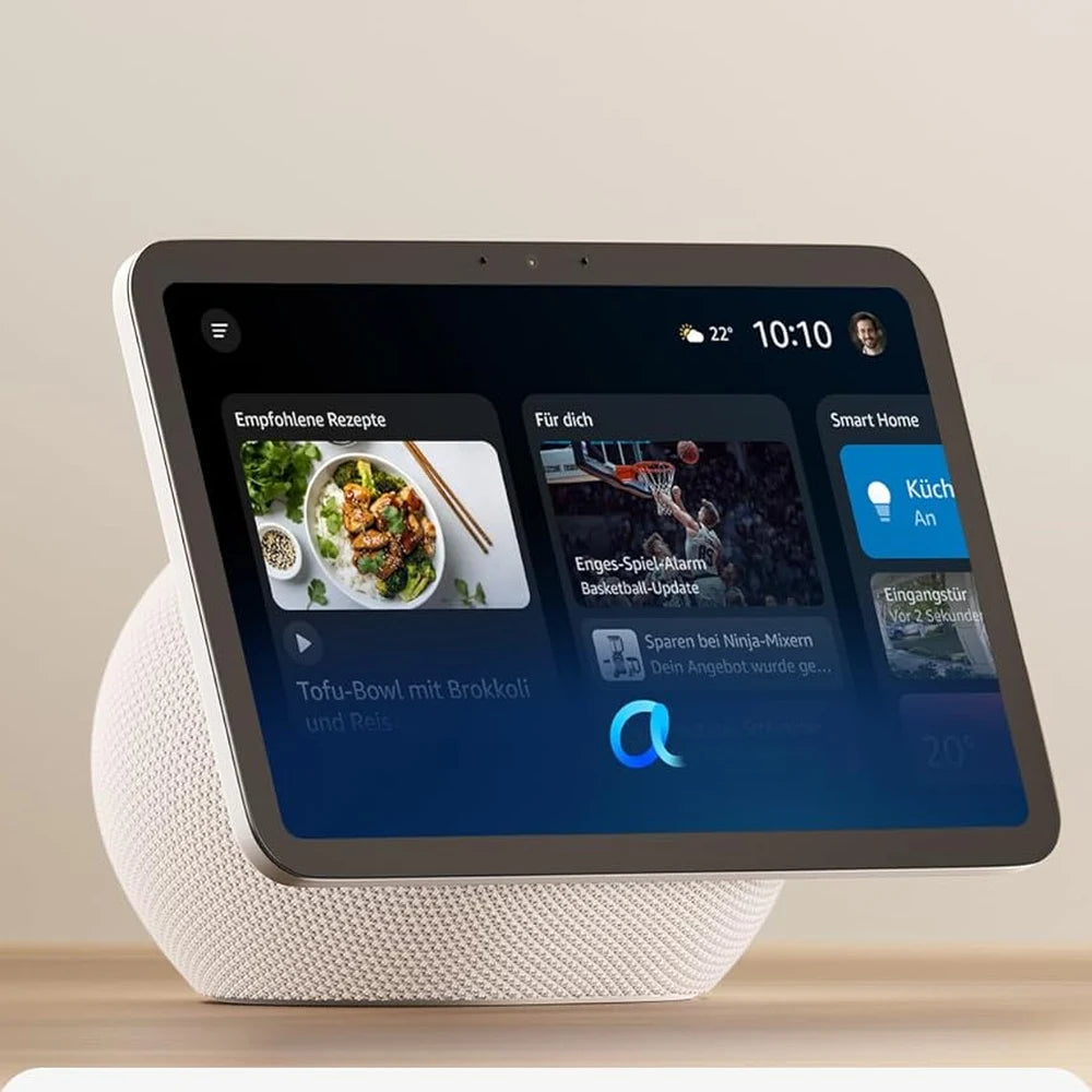 Amazon Echo Show 8 in Weiß mit Rezept auf dem Tisch